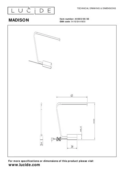 Lucide MADISON - Lampe de bureau - LED Dim to warm - 1x6,5W 2600K/2800K - Noir - technique